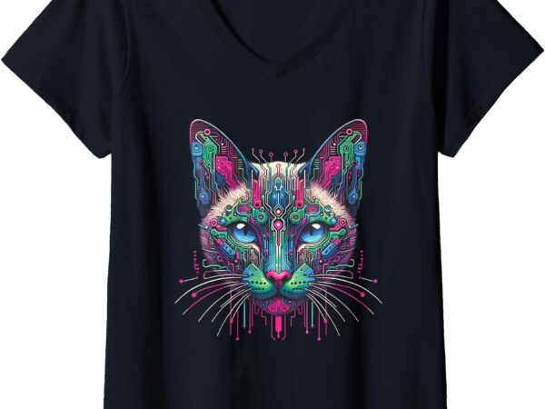 Womens futuristic synthwave siamese cat meezer v-neck t-shirt