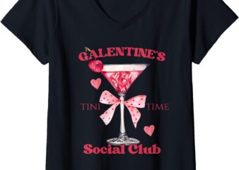 Womens Galentine’s Day Social Club Martini Time Coquette Bows V-Neck T-Shirt