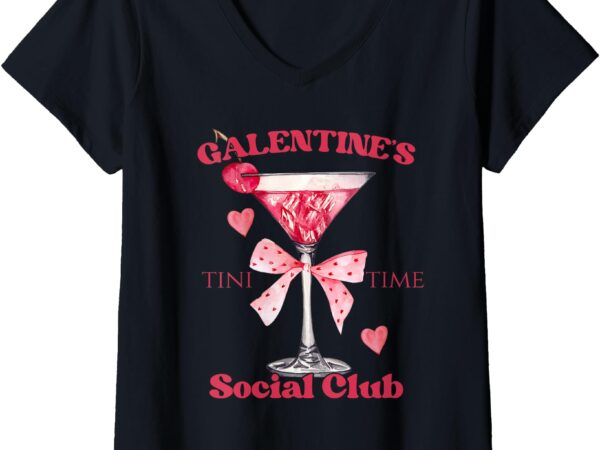 Womens galentine’s day social club martini time coquette bows v-neck t-shirt