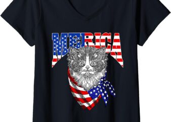 Womens Merica Cat Happy 4th Of July American Flag Great Family Gift V-Neck T-Shirt