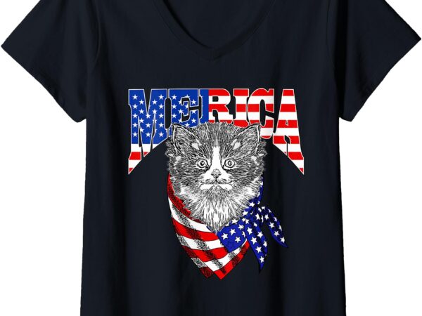 Womens merica cat happy 4th of july american flag great family gift v-neck t-shirt