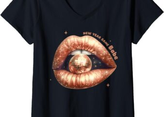 Womens New Year Same Babe Disco Ball Lip Party Lovers Women Girls V-Neck T-Shirt