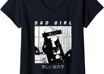 Womens Sad Anime Girl Japanese Babe Otaku Cool Gift V-Neck T-Shirt