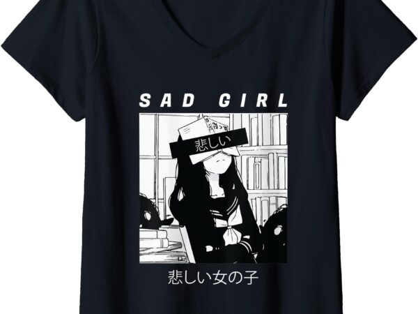 Womens sad anime girl japanese babe otaku cool gift v-neck t-shirt