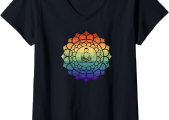 Womens Vintage Rainbow Gay Pride Buddhist Mandala V-Neck T-Shirt