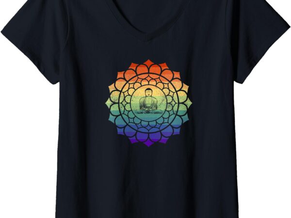 Womens vintage rainbow gay pride buddhist mandala v-neck t-shirt