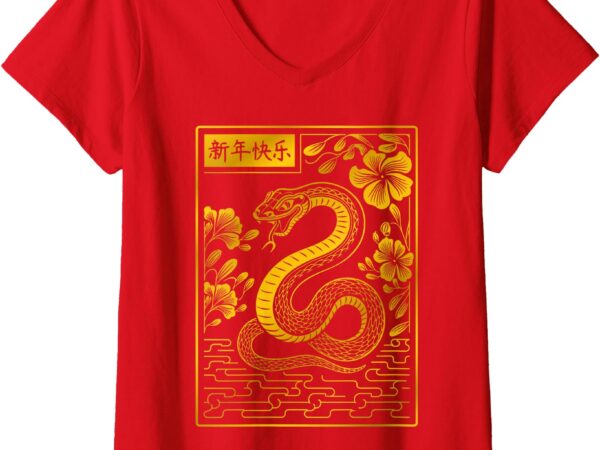 Womens year the snake chinese style gold art oriental zodiac 2025 v-neck t-shirt