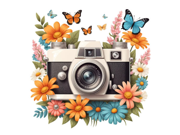 Colourful photography day vintage flower camera t-shirt design