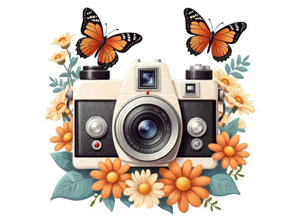 Trendy photography day retro floral camera graphics t-shirt design png & jpeg designs – download instantly for pod site