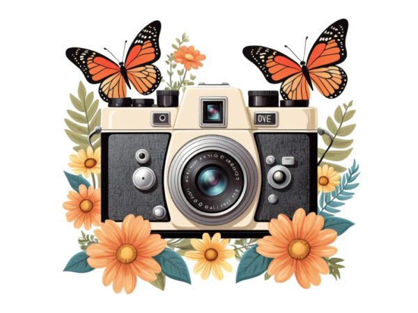 Photography day retro floral camera graphics t-shirt design png & jpeg design