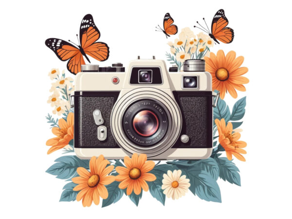 Trendy photography day retro floral camera graphics t-shirt design