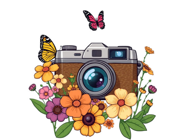 Trendy photography day retro floral camera graphics t-shirt design png & jpeg design