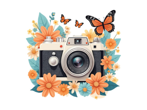 Trendy photography day retro floral camera graphics t-shirt design png & jpeg design