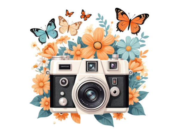 Colourful photography day vintage flower camera butterfly graphics illustration