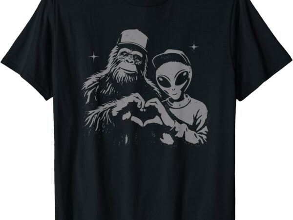 Bigfoot and alien sasquatch love hand sign t-shirt