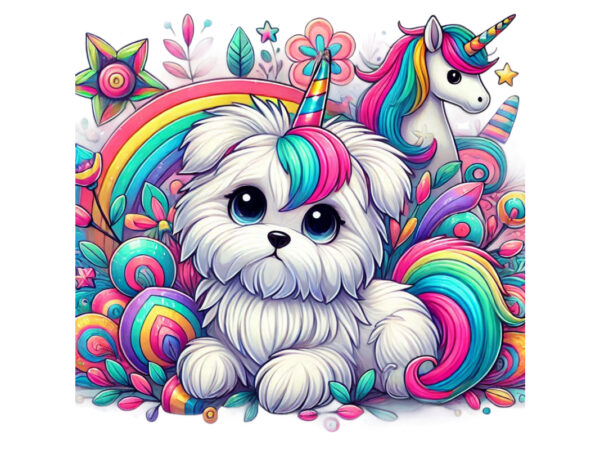 Trendy colourful puppy dog unicorn graphics t-shirt design png & jpeg designs – download instantly