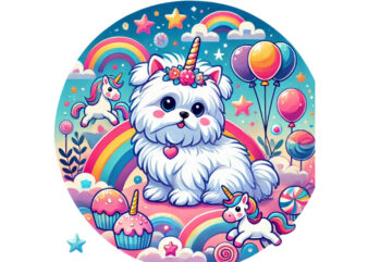 Trendy Vintage Colourful Puppy Dog Unicorn Graphics t-shirt design png & jpeg designs – download instantly for POD