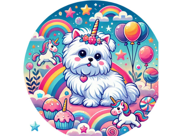 Trendy vintage colourful puppy dog unicorn graphics t-shirt design png & jpeg designs – download instantly for pod