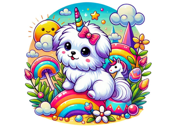 Trendy vintage colourful puppy dog unicorn graphics t-shirt design png & jpeg designs – download instantly retro vintage t-shirt