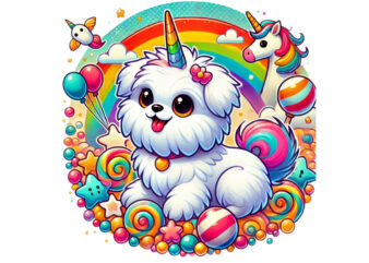 Vintage Colourful Puppy Dog Unicorn Graphics t-shirt design