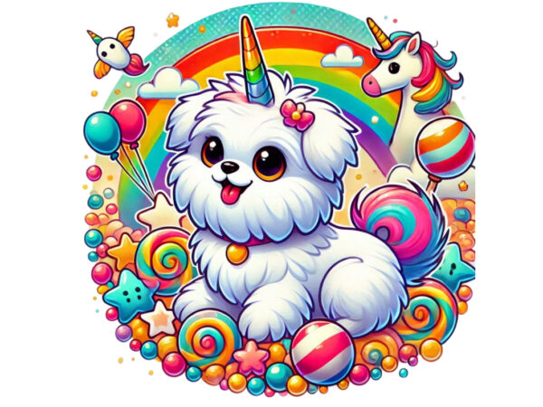 Vintage colourful puppy dog unicorn graphics t-shirt design