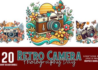 Retro Photography Day Vintage Camera t-shirt design bundle of 20 designs