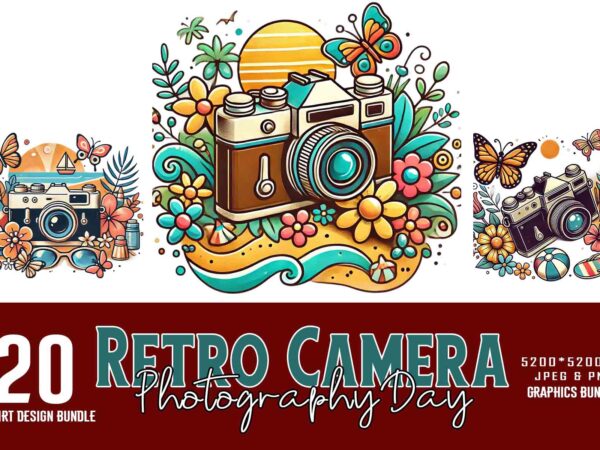 Retro photography day vintage camera t-shirt design bundle of 20 designs