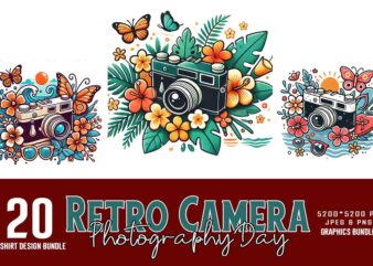 Retro Photography Day Vintage Camera t-shirt design bundle of 20 designs – download instantly