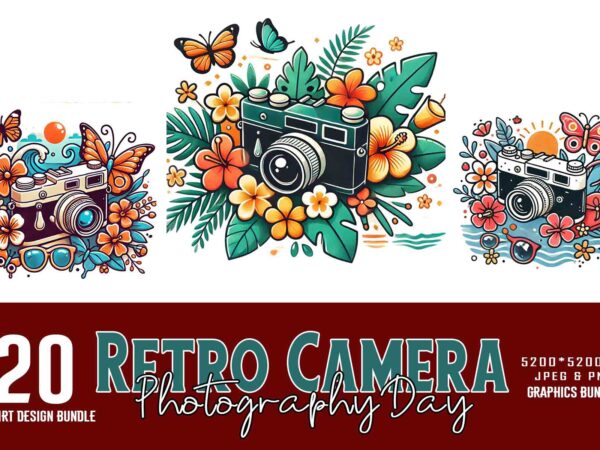 Retro photography day vintage camera t-shirt design bundle of 20 designs – download instantly