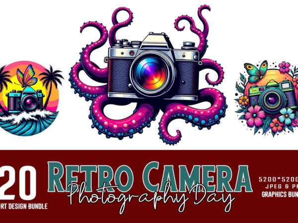 Groovy floral photography day floral camera t-shirt design bundle of 20 designs – download instantly retro vintage tee bundle