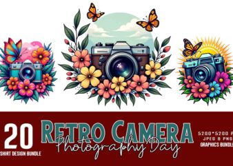 Retro Photography Day Vintage Camera t-shirt design bundle of 20 designs – download instantly