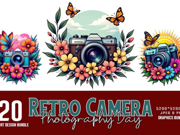 Retro photography day vintage camera t-shirt design bundle of 20 designs – download instantly