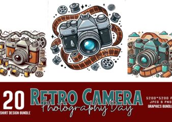 Retro Photography Day Vintage Camera t-shirt design bundle of 20 designs