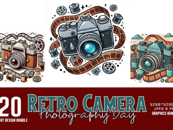 Retro photography day vintage camera t-shirt design bundle of 20 designs