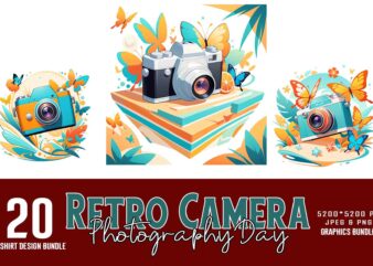 20 Retro Photography Day Vintage Camera t-shirt design bundle