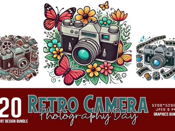 Floral retro photography day vintage camera t-shirt design bundle