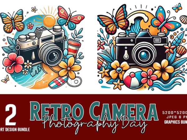 2 colourful photography day vintage flower camera t-shirt design