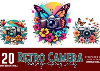 Popular Photography Day Vintage Camera t-shirt design bundle of 20 designs – download instantly for print