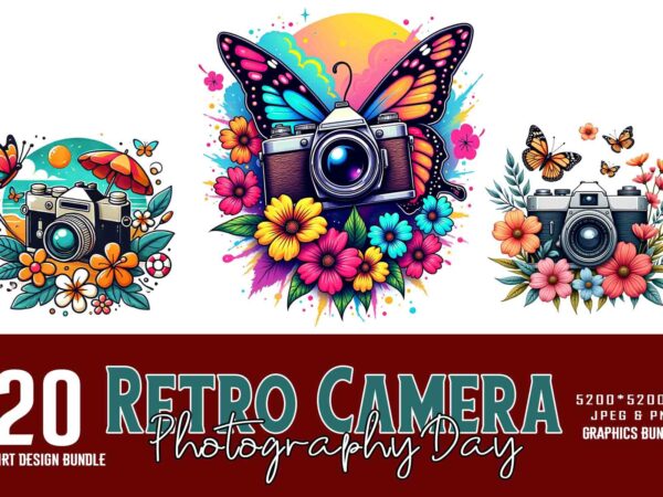 Popular photography day vintage camera t-shirt design bundle of 20 designs – download instantly for print