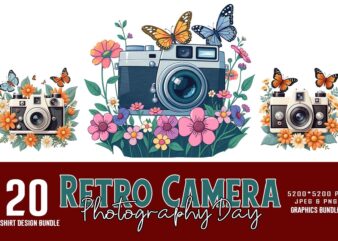 Trendy Photography Day Floral Camera t-shirt design bundle of 20 designs – download instantly Retro Vintage Tee