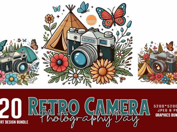 Colourful photography day retro camera t-shirt design bundle