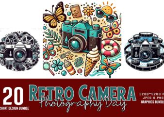 20 Retro Photography Day Vintage Camera t-shirt design bundle