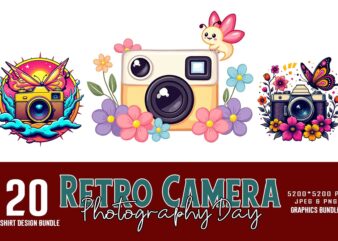 20 Funny Kawaii Cute Photography Day Retro Camera t-shirt design bundle