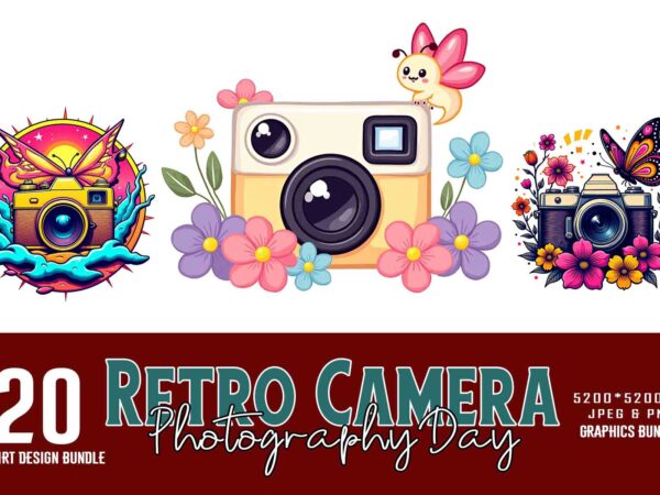 20 funny kawaii cute photography day retro camera t-shirt design bundle