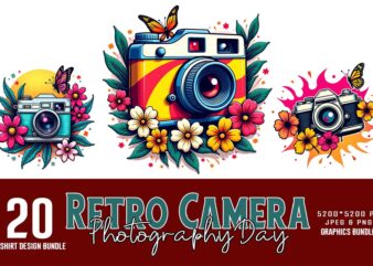 Popular Groovy Photography Day Vintage Camera t-shirt design bundle of 20 designs – download instantly Vintage Bundle