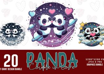 Colourful Valentines Day Panda in Love t-shirt design bundle of 20 designs – download instantly Retro Vintage T-shirt