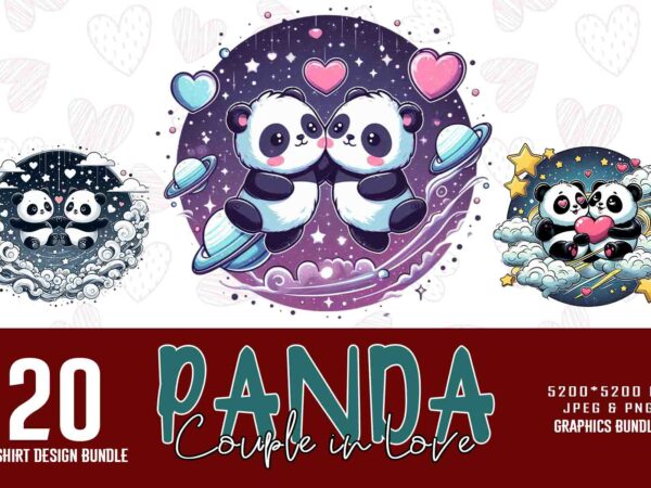 Colourful valentines day panda in love t-shirt design bundle of 20 designs – download instantly retro vintage t-shirt