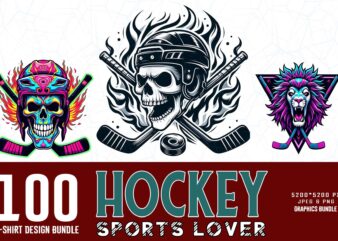 100 Trendy Retro Vintage Skull Hockey Lover t-shirt design bundle