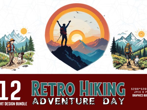 Trendy retro vintage hiking adventure t-shirt design bundle of 12 design