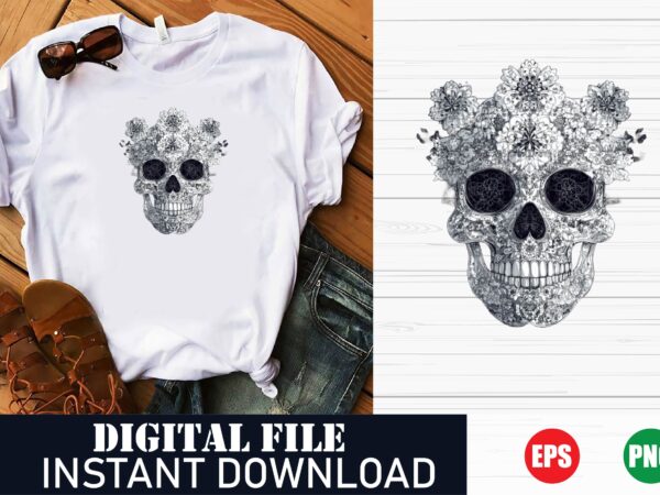 Edgy skull flower vector t-shirt design, dark floral graphic tee, gothic skull and flower t-shirt design, dark aesthetic skull flower